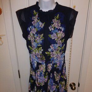 ABS Collection Floral Blue Sleeveless Fitted High Ruffled Neck Midi Dress